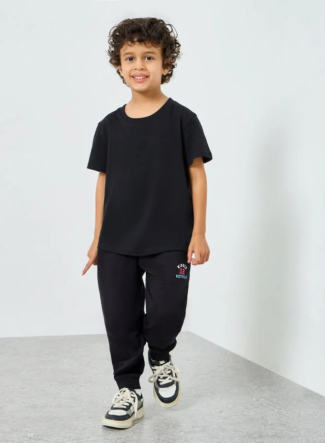 Styli Kids Black Cotton Joggers with Print Detail